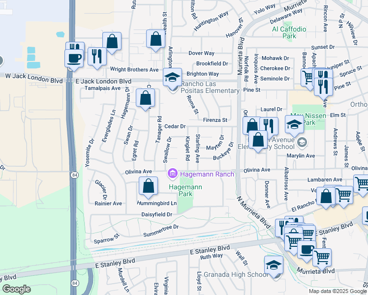 map of restaurants, bars, coffee shops, grocery stores, and more near 552 Kinglet Road in Livermore