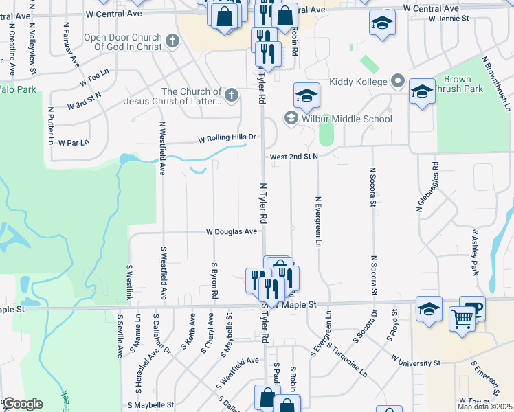map of restaurants, bars, coffee shops, grocery stores, and more near 143 North Tyler Road in Wichita