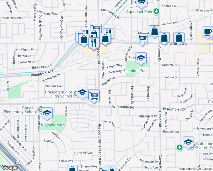 map of restaurants, bars, coffee shops, grocery stores, and more near 2072 Sheldon Drive in Modesto