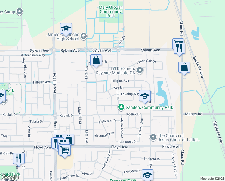 map of restaurants, bars, coffee shops, grocery stores, and more near 3408 Kee Lane in Modesto