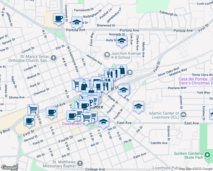 map of restaurants, bars, coffee shops, grocery stores, and more near in Livermore