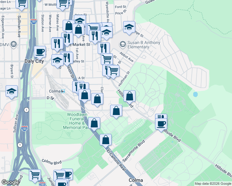 map of restaurants, bars, coffee shops, grocery stores, and more near 575 D Street in Colma