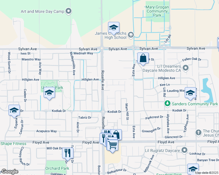 map of restaurants, bars, coffee shops, grocery stores, and more near 3224 Roselle Avenue in Modesto
