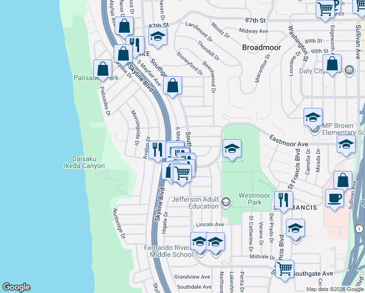 map of restaurants, bars, coffee shops, grocery stores, and more near 1453 South Mayfair Avenue in Daly City