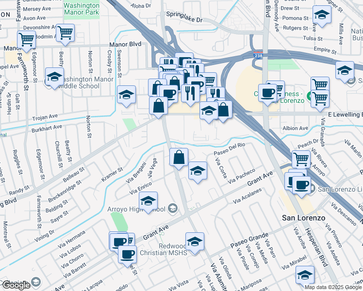 map of restaurants, bars, coffee shops, grocery stores, and more near 981 William Drive in San Lorenzo