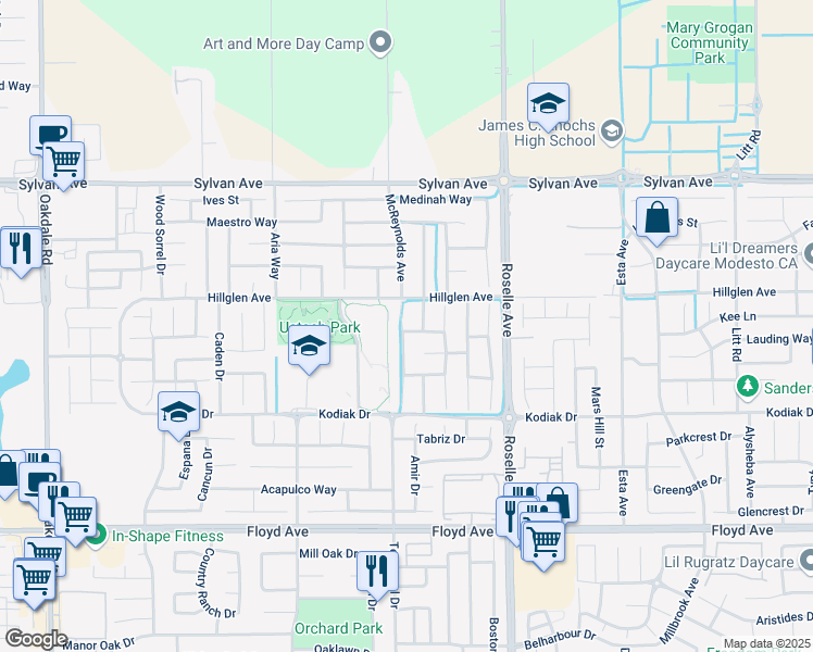 map of restaurants, bars, coffee shops, grocery stores, and more near 3140 Bramham Court in Modesto