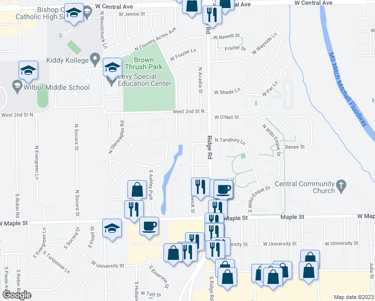 map of restaurants, bars, coffee shops, grocery stores, and more near 121 Brunswick Street in Wichita