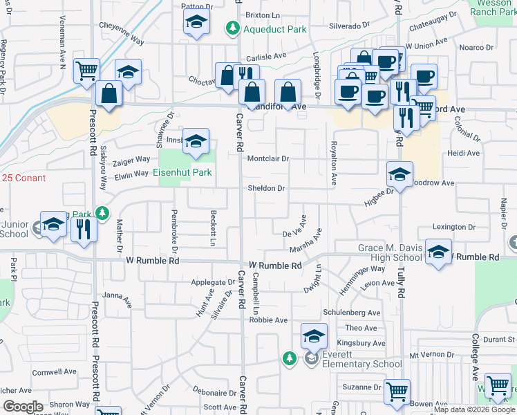 map of restaurants, bars, coffee shops, grocery stores, and more near 3128 Lisa Drive in Modesto