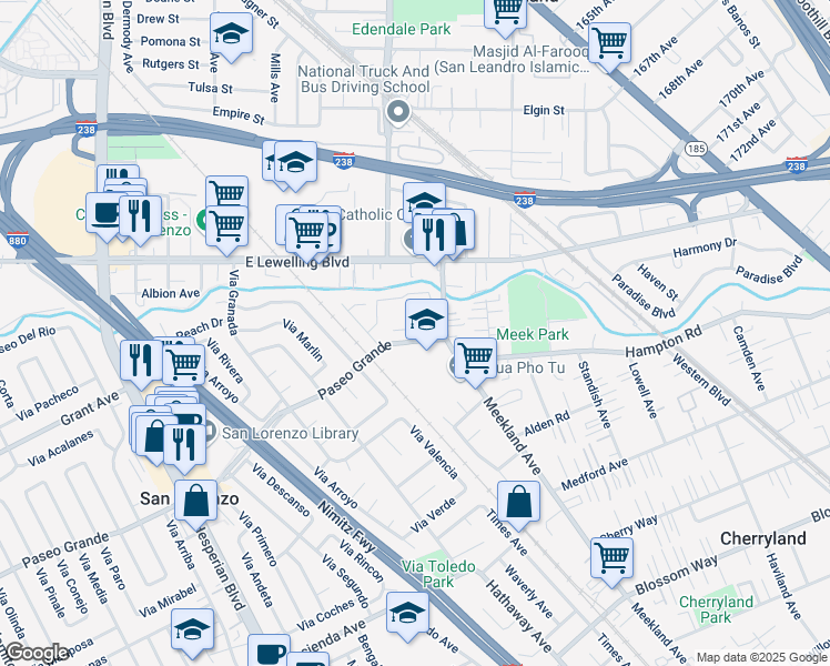 map of restaurants, bars, coffee shops, grocery stores, and more near 33A Paseo Grande in San Lorenzo