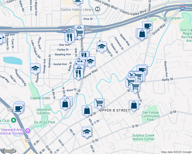 map of restaurants, bars, coffee shops, grocery stores, and more near 2481 Grove Way in Castro Valley