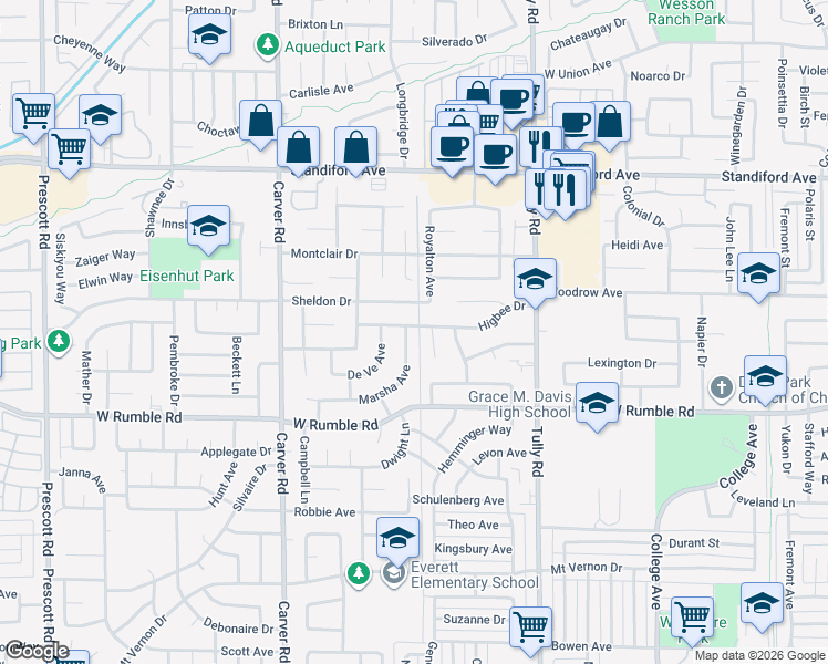 map of restaurants, bars, coffee shops, grocery stores, and more near 1500 Higbee Drive in Modesto