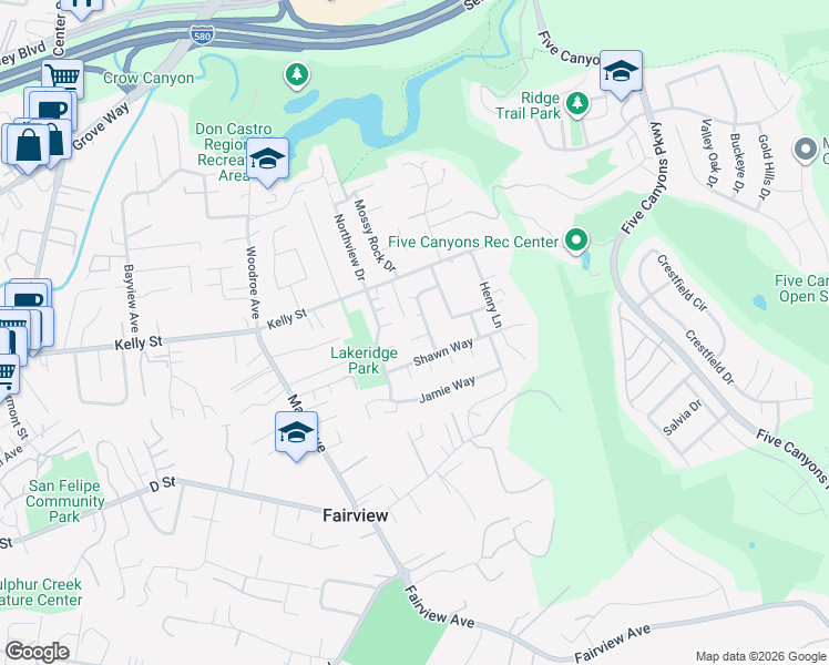 map of restaurants, bars, coffee shops, grocery stores, and more near 3238 Ridge Crest Court in Hayward