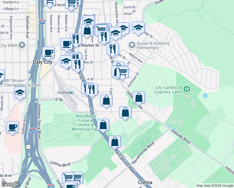 map of restaurants, bars, coffee shops, grocery stores, and more near 528 C Street in Colma