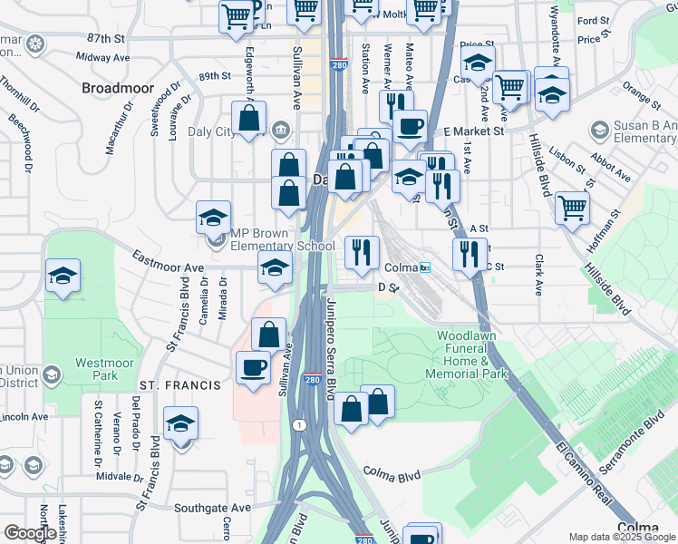 map of restaurants, bars, coffee shops, grocery stores, and more near 102 Makibaka Way in Daly City