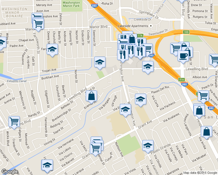 map of restaurants, bars, coffee shops, grocery stores, and more near 772 Woodgate Drive in San Leandro