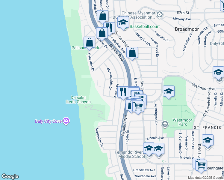 map of restaurants, bars, coffee shops, grocery stores, and more near 165 Morningside Drive in Daly City