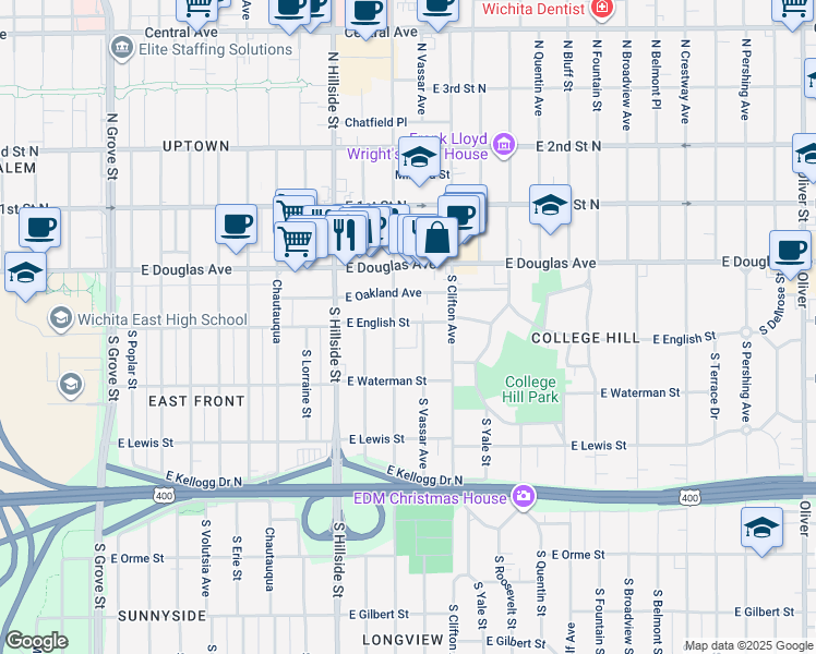 map of restaurants, bars, coffee shops, grocery stores, and more near 105 East English Street in Wichita
