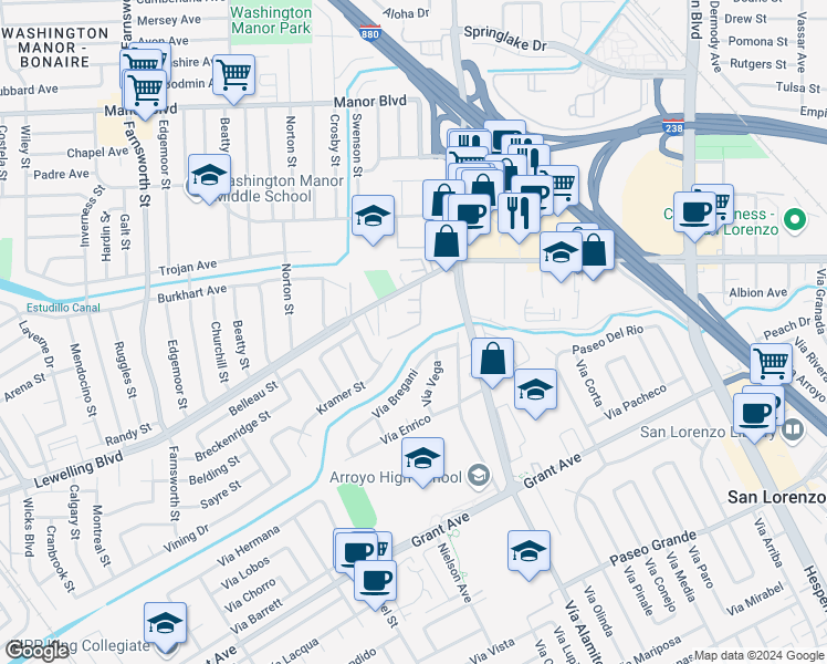 map of restaurants, bars, coffee shops, grocery stores, and more near 772 Woodgate Drive in San Leandro