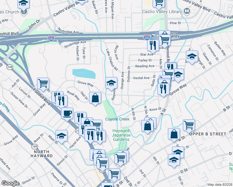 map of restaurants, bars, coffee shops, grocery stores, and more near 1926 Grove Way in Hayward