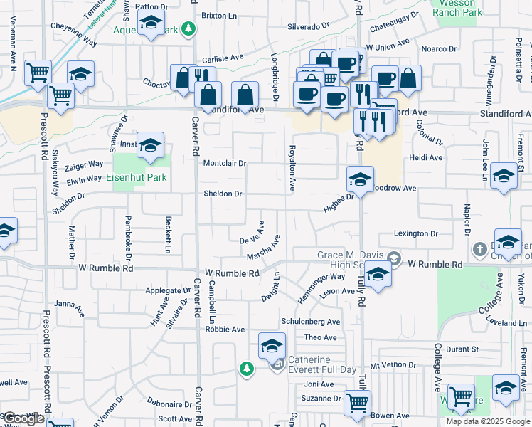 map of restaurants, bars, coffee shops, grocery stores, and more near 1516 Higbee Dr in Modesto