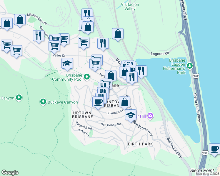 map of restaurants, bars, coffee shops, grocery stores, and more near 8 Visitacion Avenue in Brisbane