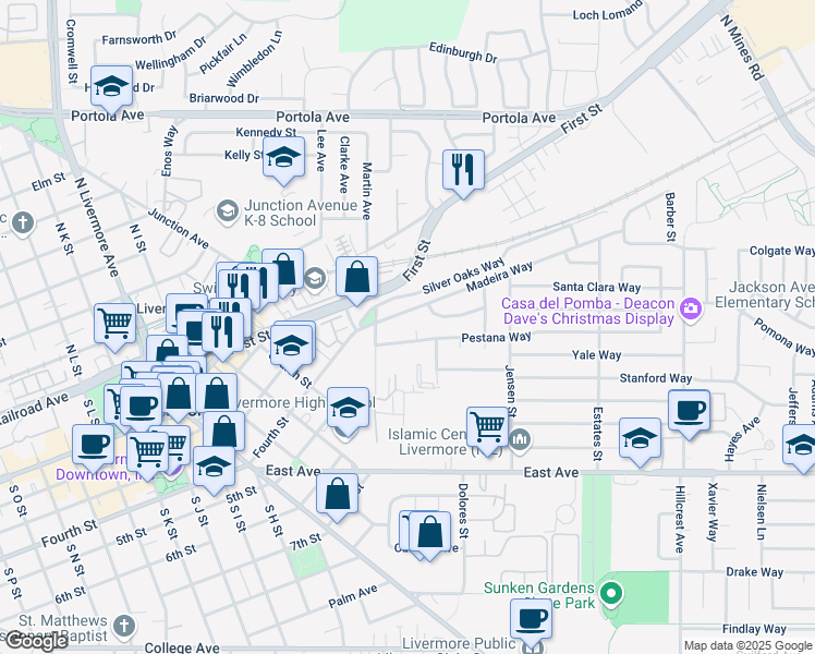 map of restaurants, bars, coffee shops, grocery stores, and more near 343 Pestana Place in Livermore