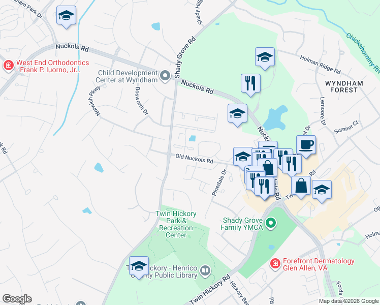 map of restaurants, bars, coffee shops, grocery stores, and more near 5907 Chapel Lawn Terrace in Glen Allen