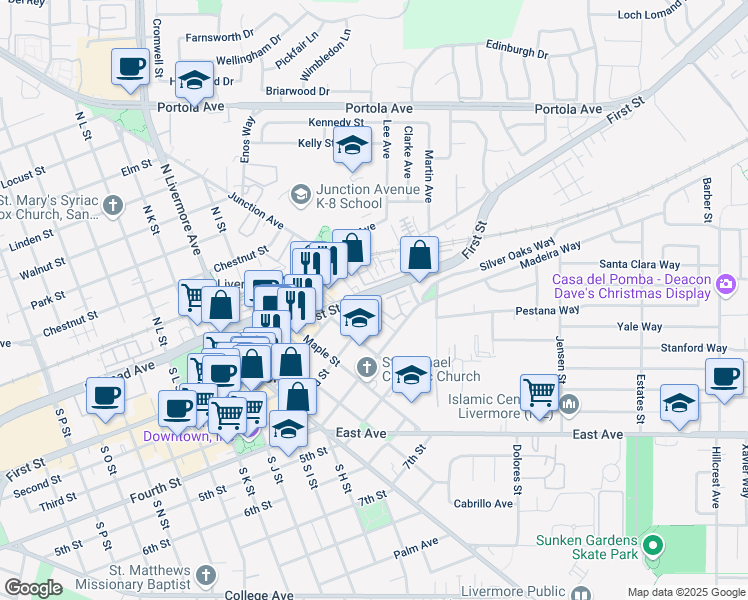 map of restaurants, bars, coffee shops, grocery stores, and more near 2834 Fourth Street in Livermore