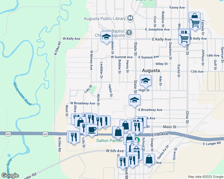 map of restaurants, bars, coffee shops, grocery stores, and more near 312 Woodridge Court in Augusta