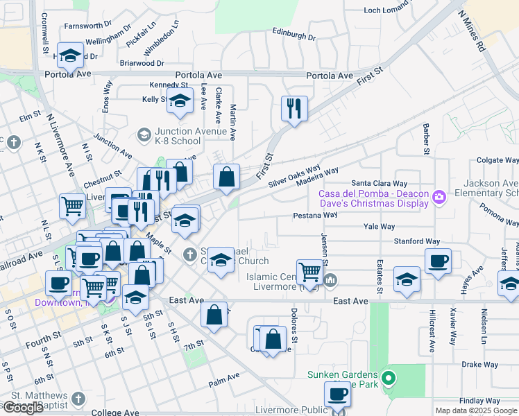 map of restaurants, bars, coffee shops, grocery stores, and more near 343 Pestana Place in Livermore
