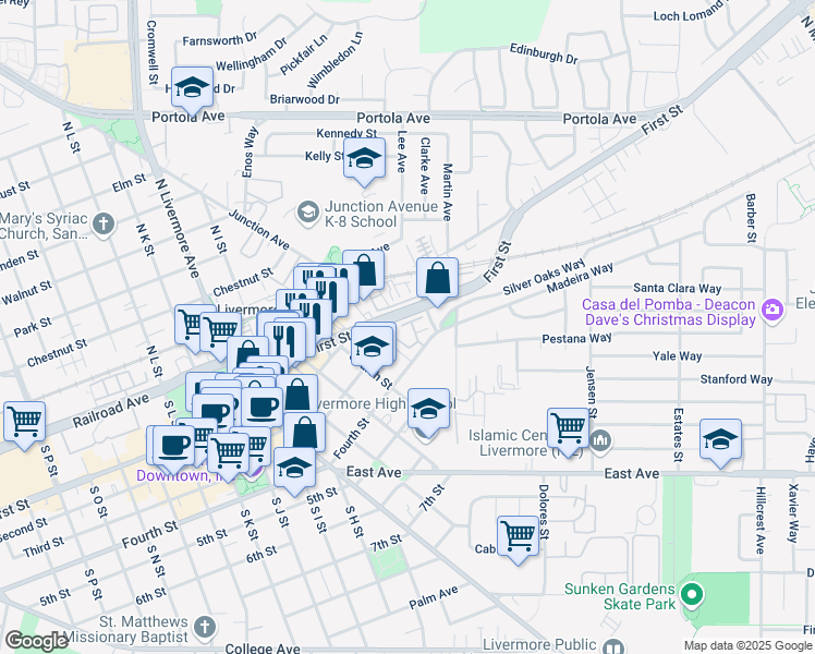 map of restaurants, bars, coffee shops, grocery stores, and more near 2834 Fourth Street in Livermore