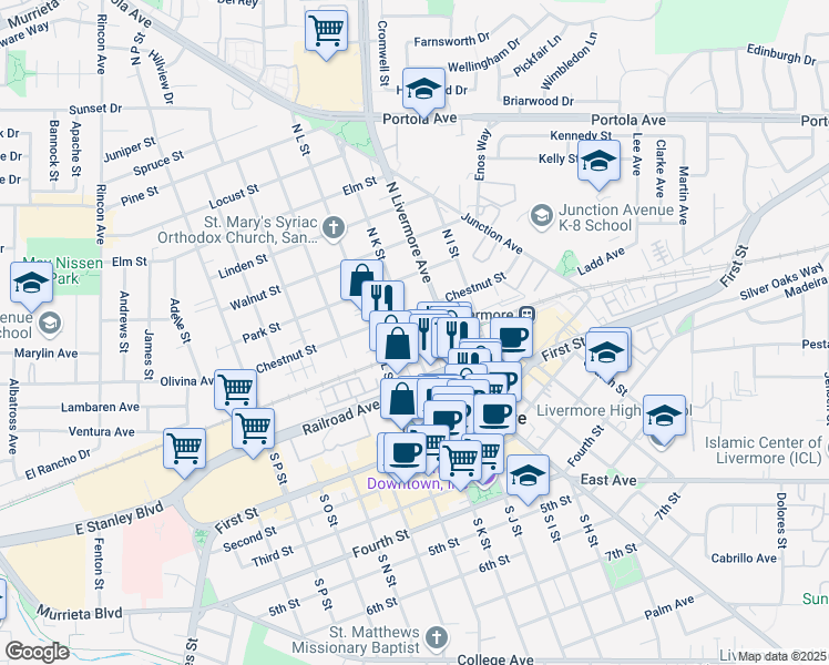 map of restaurants, bars, coffee shops, grocery stores, and more near 242 North K Street in Livermore