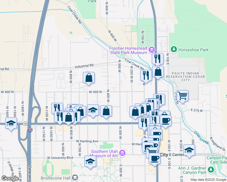 map of restaurants, bars, coffee shops, grocery stores, and more near 414 North 400 West in Cedar City