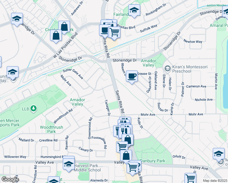 map of restaurants, bars, coffee shops, grocery stores, and more near 2350 Santa Rita Road in Pleasanton