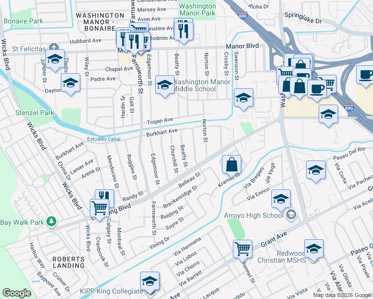 map of restaurants, bars, coffee shops, grocery stores, and more near 15336 Churchill Street in San Leandro