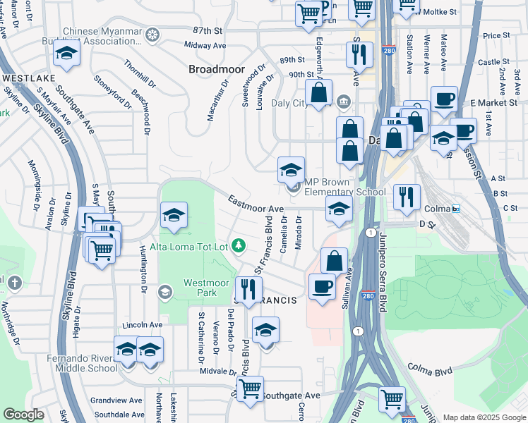 map of restaurants, bars, coffee shops, grocery stores, and more near 288 Eastmoor Avenue in Daly City