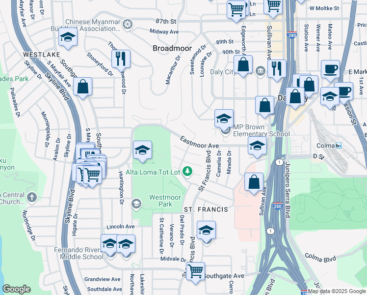 map of restaurants, bars, coffee shops, grocery stores, and more near in Daly City