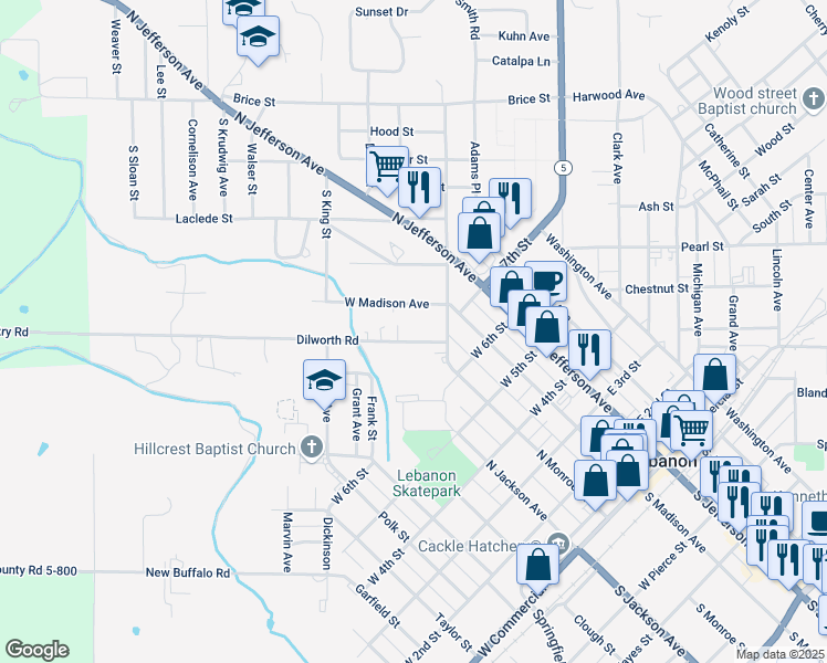 map of restaurants, bars, coffee shops, grocery stores, and more near 451 Dilworth Road in Lebanon