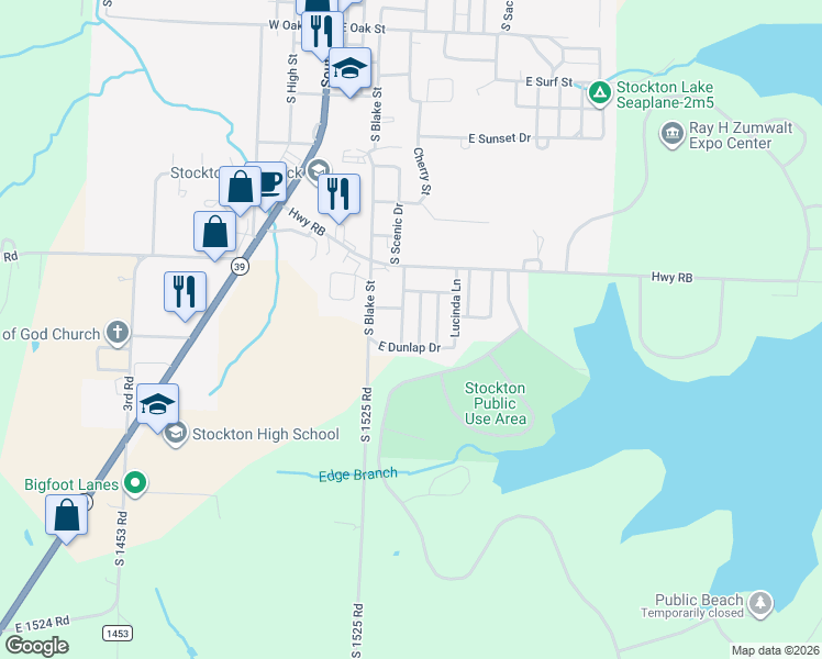 map of restaurants, bars, coffee shops, grocery stores, and more near 1366-1498 South Elizabeth Road in Stockton