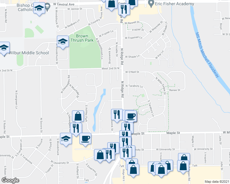 map of restaurants, bars, coffee shops, grocery stores, and more near 7205 West 1st Street North in Wichita