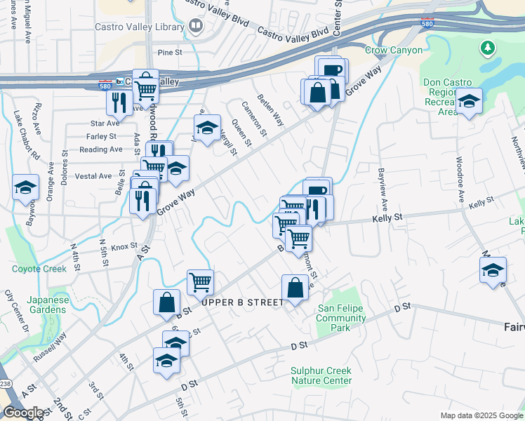 map of restaurants, bars, coffee shops, grocery stores, and more near 22430 Moyers Street in Castro Valley