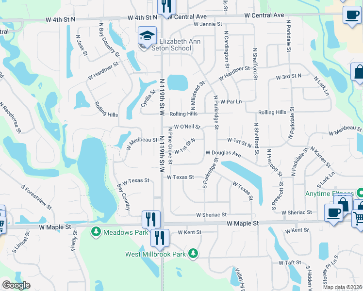 map of restaurants, bars, coffee shops, grocery stores, and more near 11816 West 1st Street North in Wichita