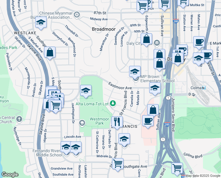 map of restaurants, bars, coffee shops, grocery stores, and more near in Daly City