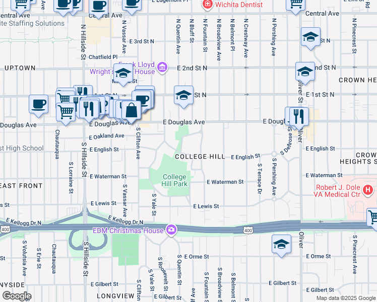 map of restaurants, bars, coffee shops, grocery stores, and more near 4020 East English Street in Wichita