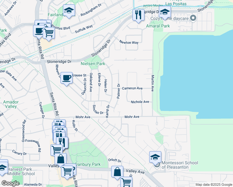 map of restaurants, bars, coffee shops, grocery stores, and more near 1964 Palmer Drive in Pleasanton