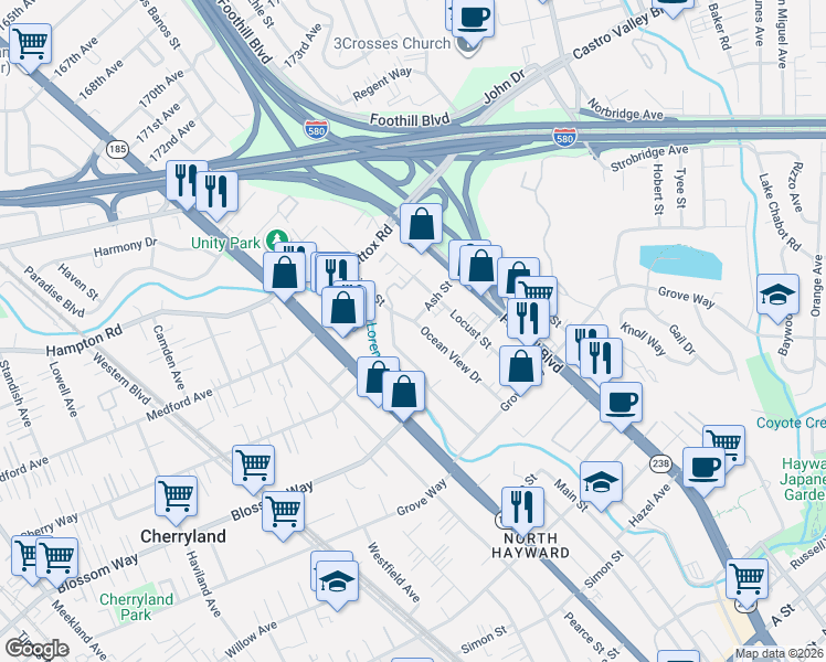 map of restaurants, bars, coffee shops, grocery stores, and more near 21151 Ocean View Drive in Hayward