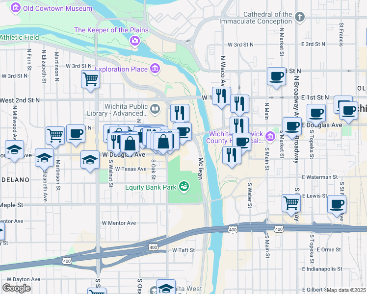 map of restaurants, bars, coffee shops, grocery stores, and more near 535 W Douglas Ave in Wichita
