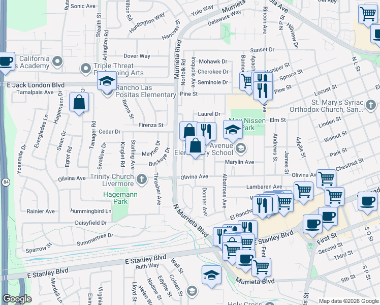 map of restaurants, bars, coffee shops, grocery stores, and more near 562 Nightingale Street in Livermore