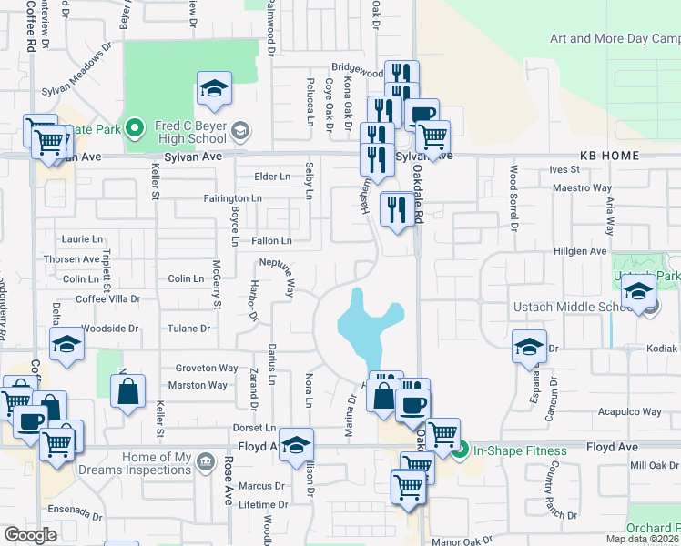 map of restaurants, bars, coffee shops, grocery stores, and more near 3208 Province Town Court in Modesto
