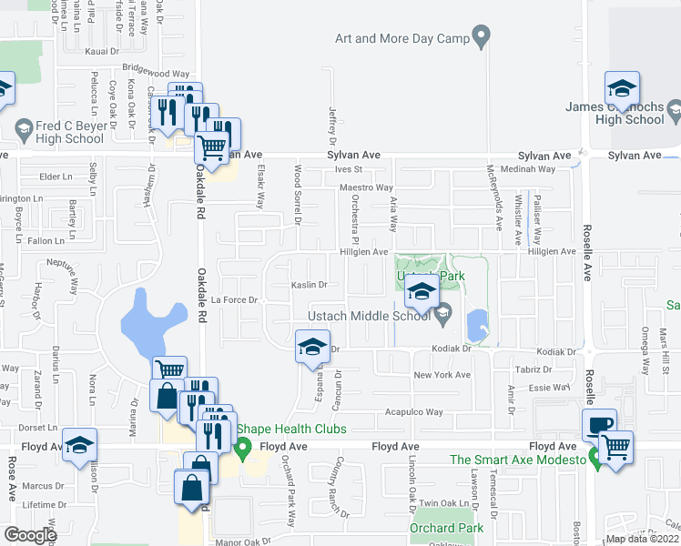 map of restaurants, bars, coffee shops, grocery stores, and more near 3209 Caden Drive in Modesto